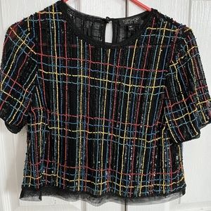 Topshop Beaded & Sequin Gingham Pattern Top